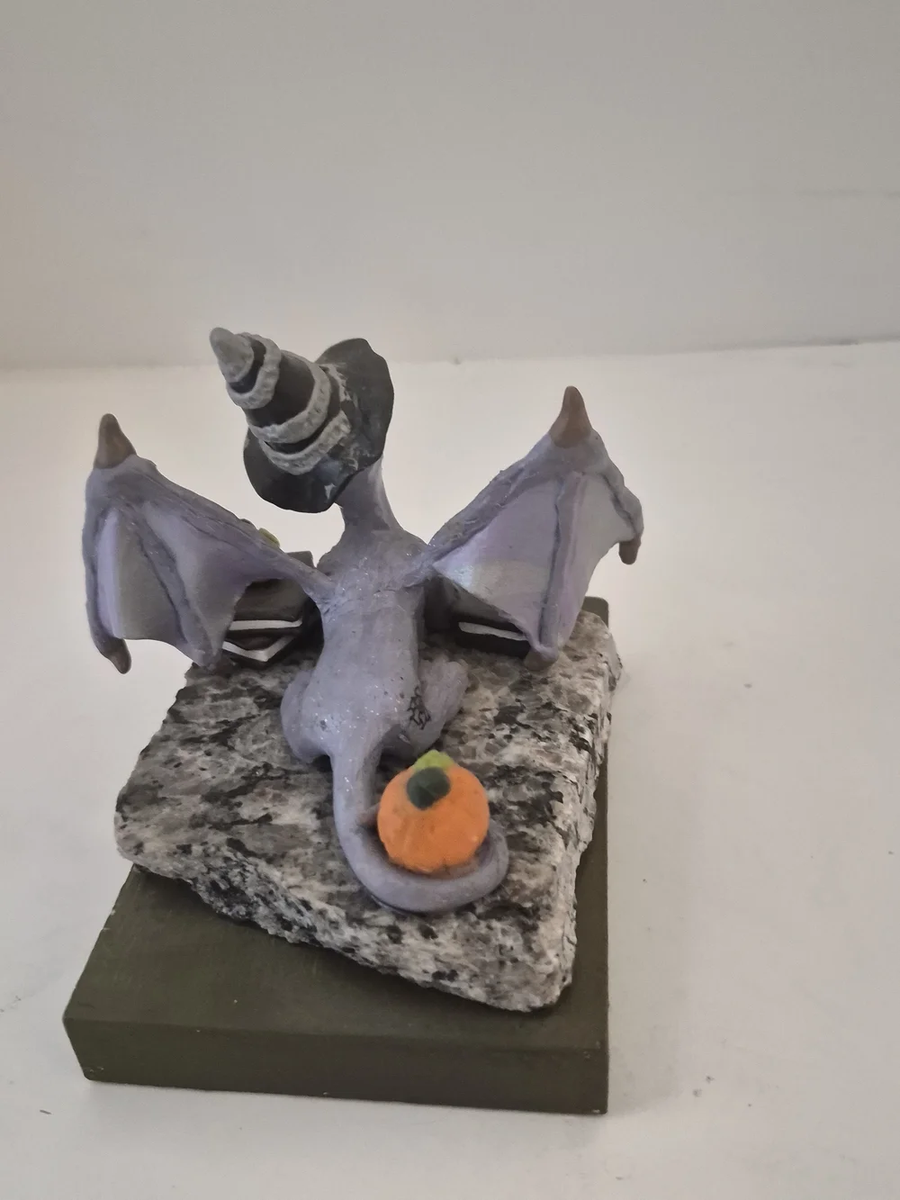Lavender Dragon Figurine Wearing Witch Hat with Books And Pumpkins